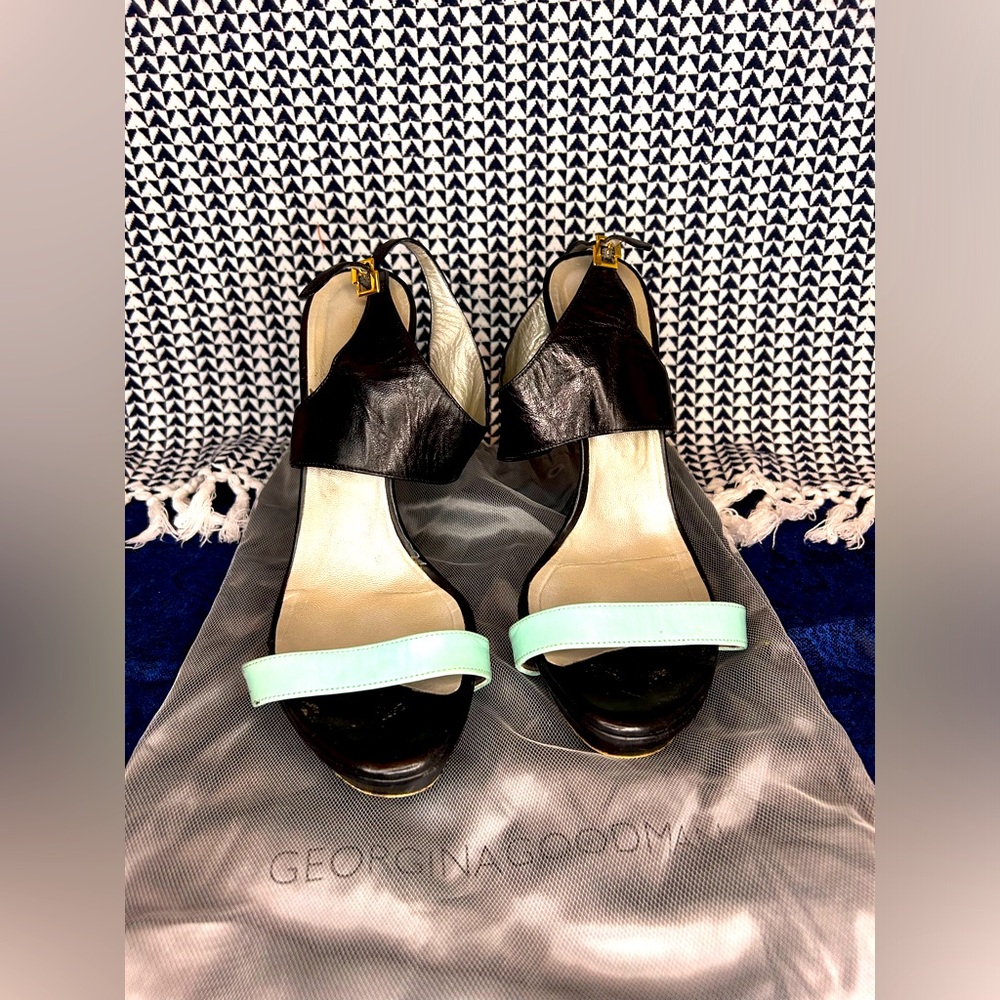 Georgina Goodman Strappy Heels - Sz 8.5 (39) - Black with teal toe strap